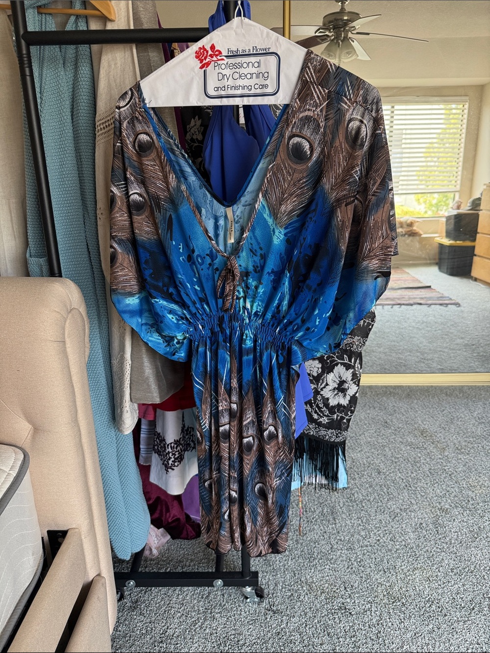 Blue Peacock Feather Print V-Neck Elastic Waist long top or coverup